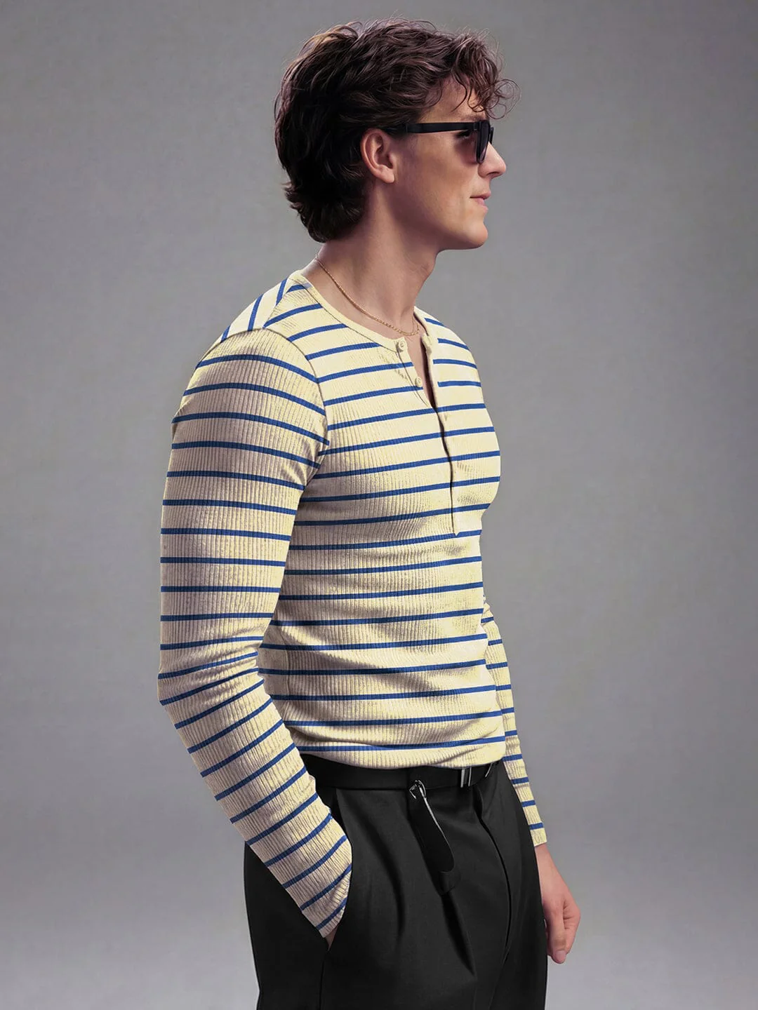 Beige And Navy Striped Ribbed Henley Longsleeves Tshirt - Image 3
