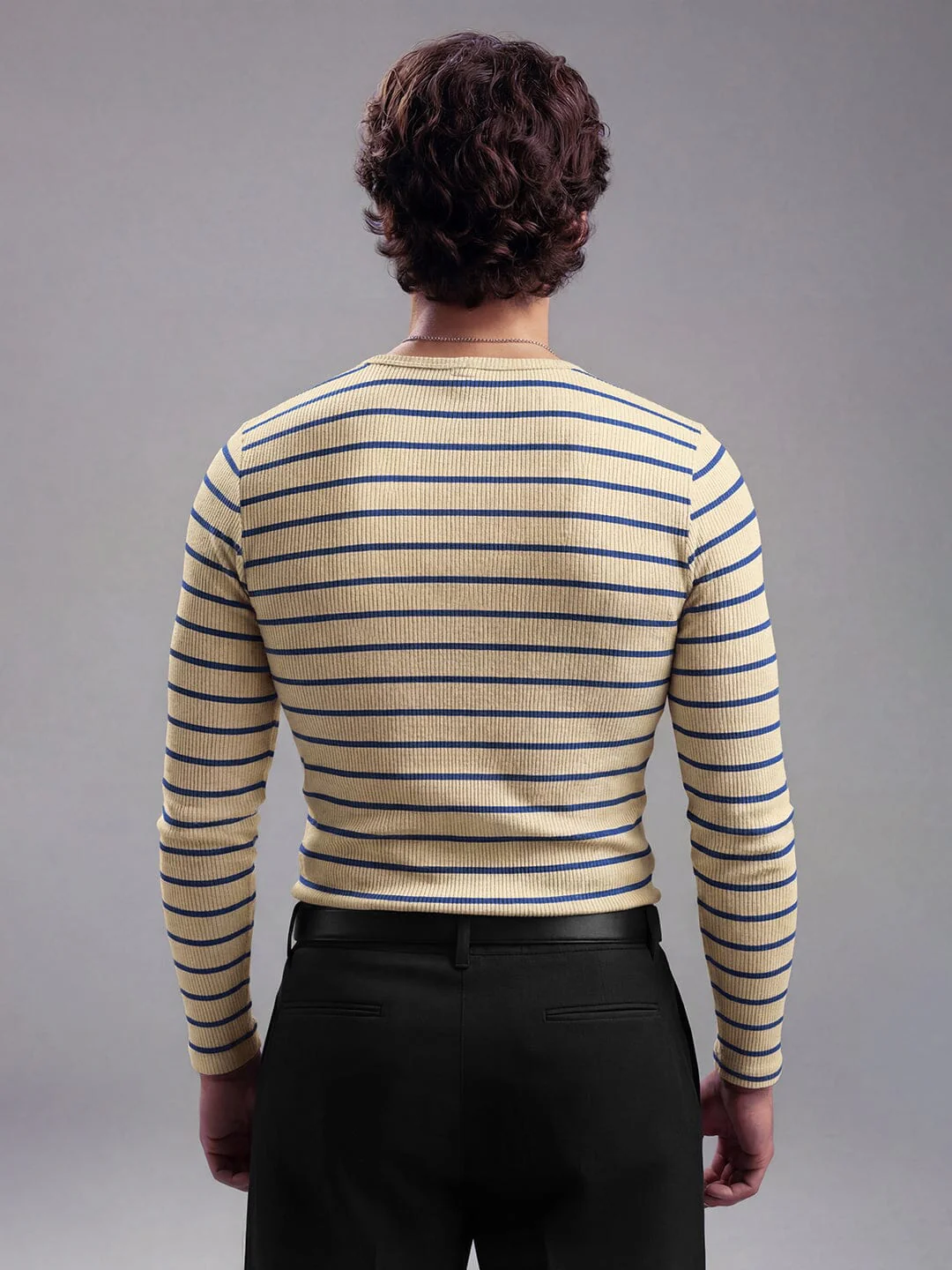 Beige And Navy Striped Ribbed Henley Longsleeves Tshirt - Image 4
