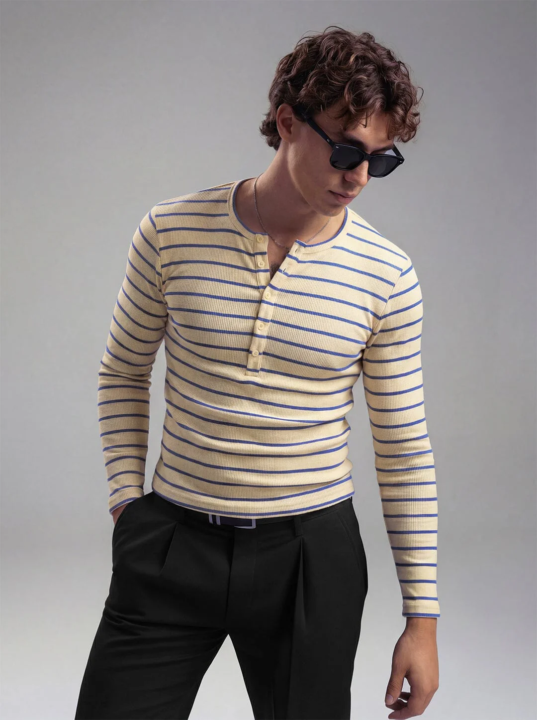 Beige And Navy Striped Ribbed Henley Longsleeves Tshirt - Image 5