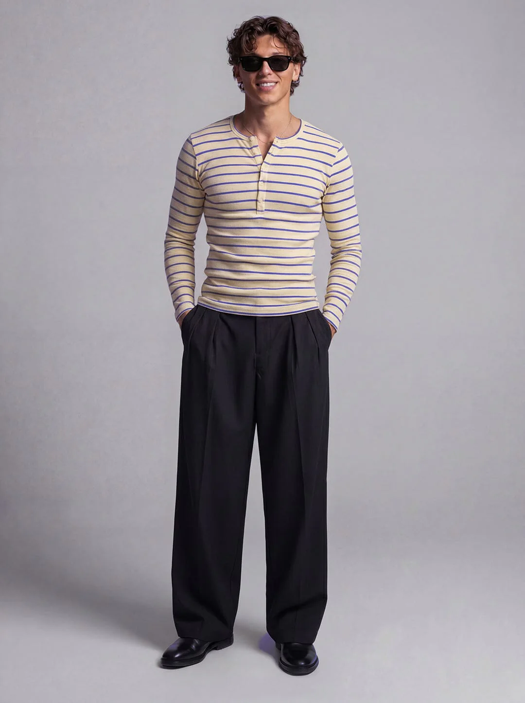 Beige And Navy Striped Ribbed Henley Longsleeves Tshirt - Image 6