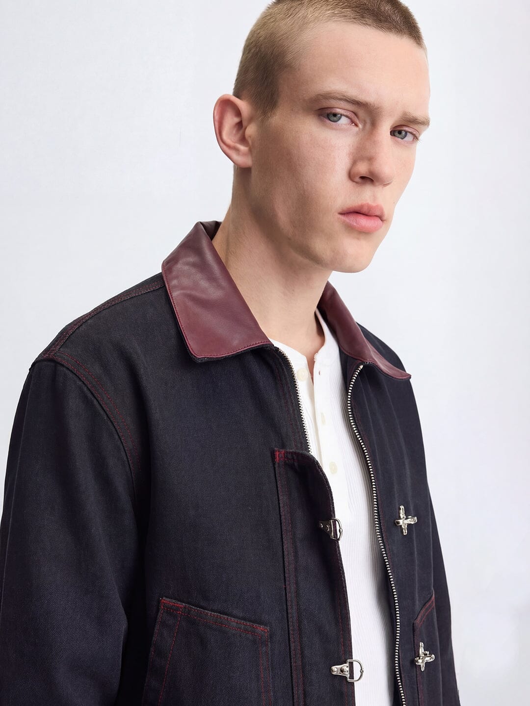 Black Contrast Stitch Fireman Clasp Denim Jacket - Image 3