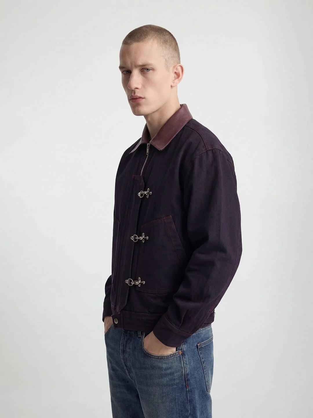 Black Contrast Stitch Fireman Clasp Denim Jacket - Image 6