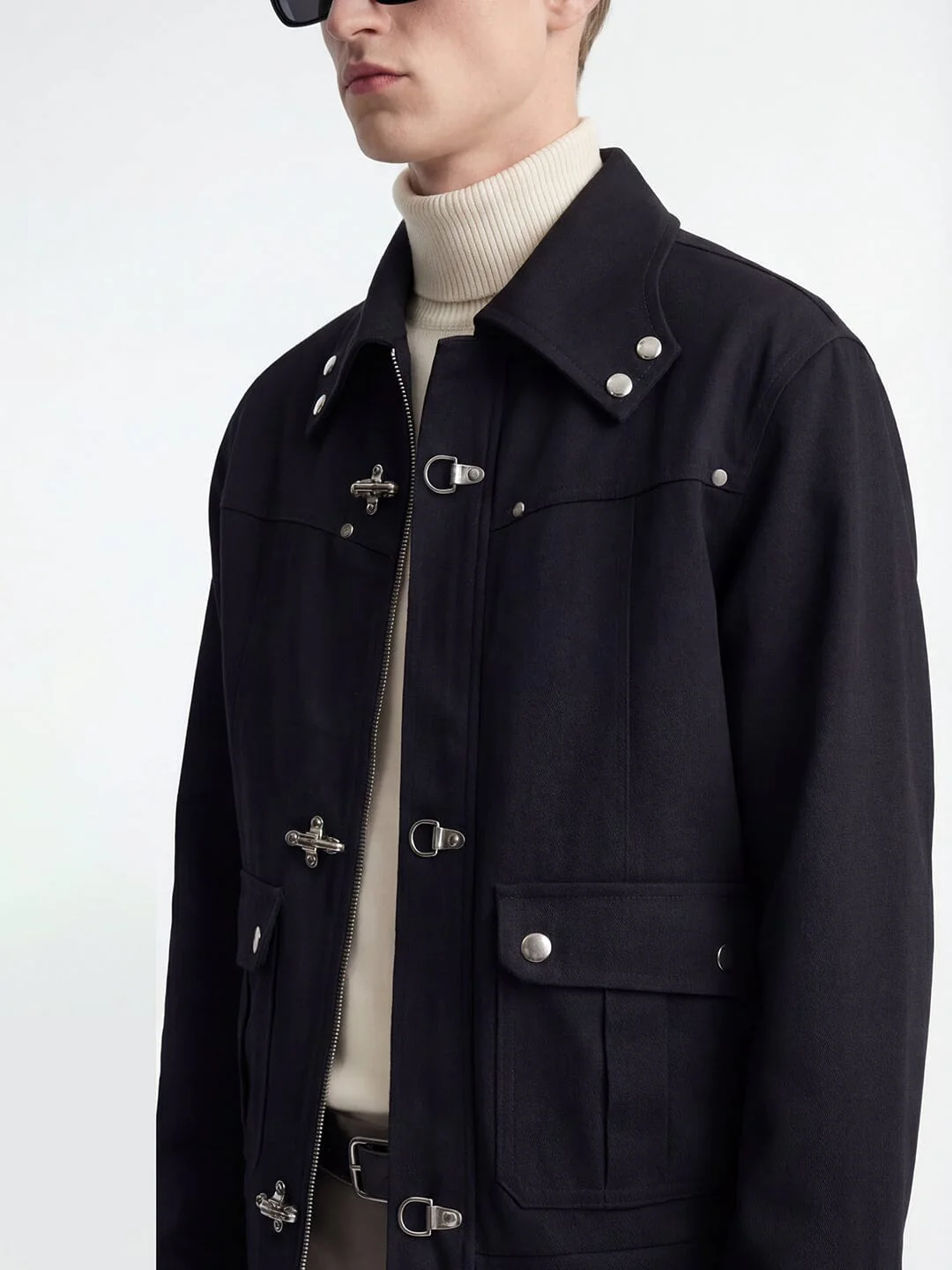 Black Cotton Twill Fireman Clasp Jacket - Image 3
