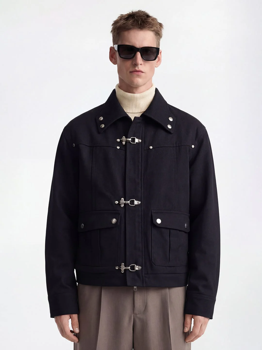Black Cotton Twill Fireman Clasp Jacket - Image 4