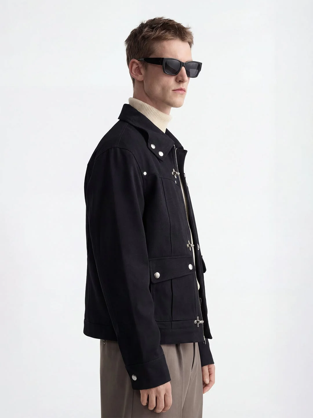 Black Cotton Twill Fireman Clasp Jacket - Image 5