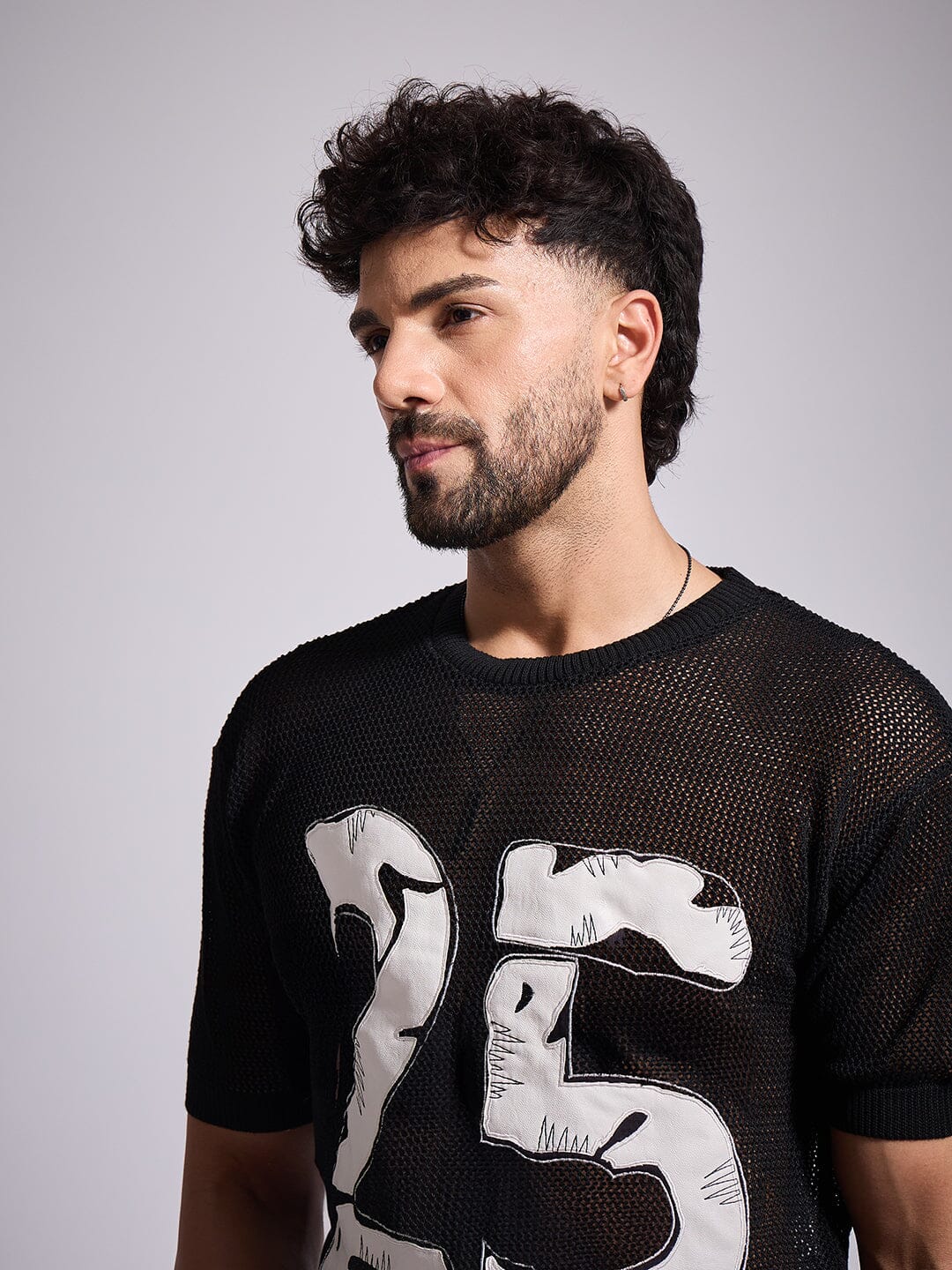 Black Knitted Pu Applique Tshirt - Image 3