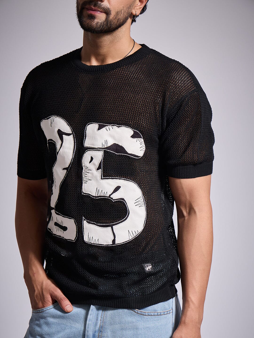 Black Knitted Pu Applique Tshirt - Image 4