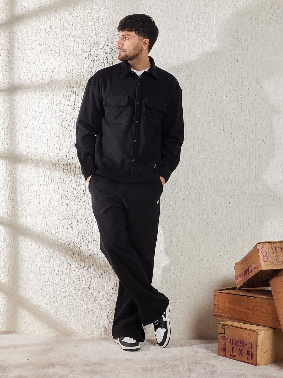 Black Polar Fleece Shacket and Trackpants Clothing Set - Image 3