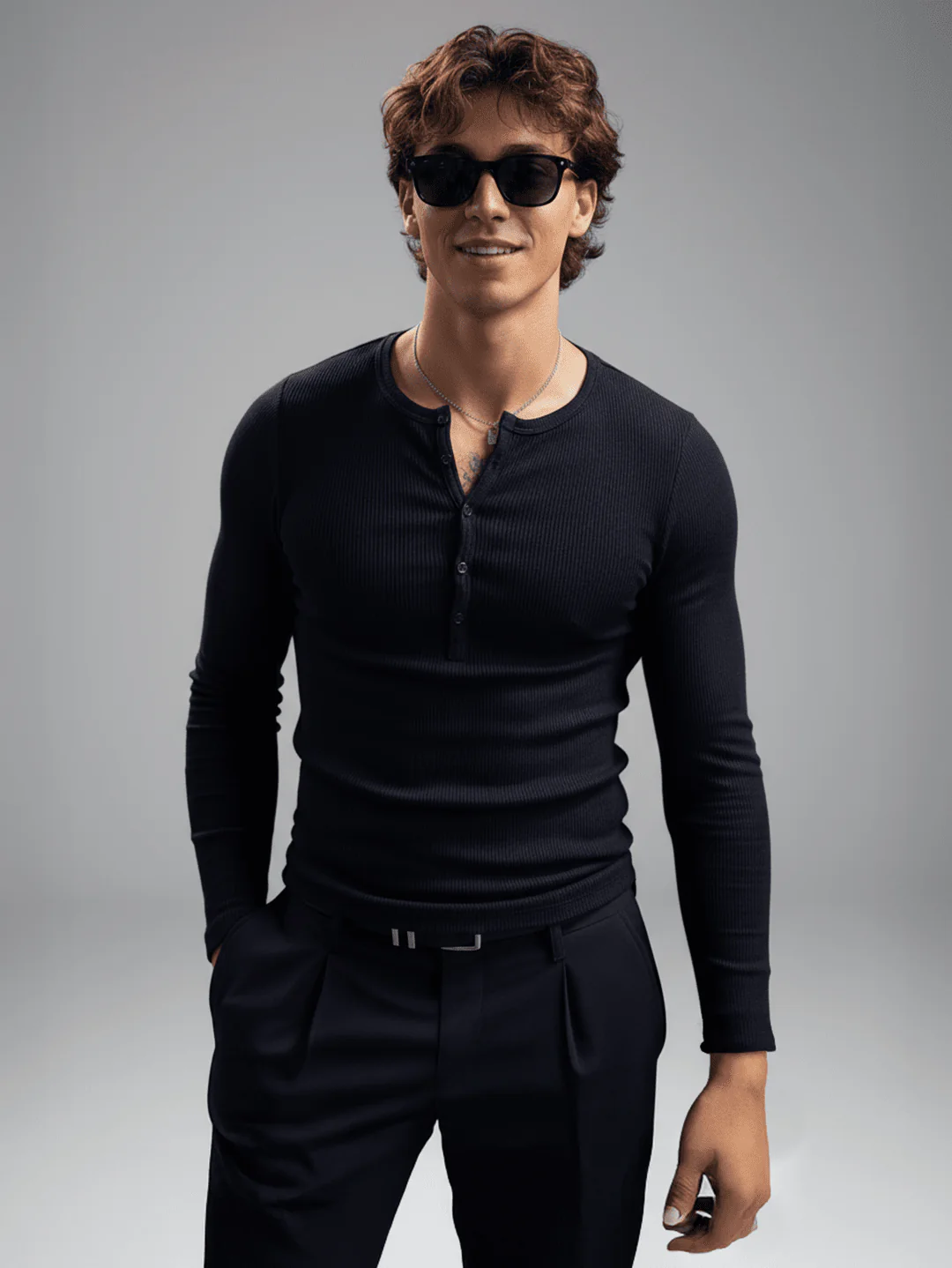 Black Ribbed Henley Longsleeves Tshirt - Image 4