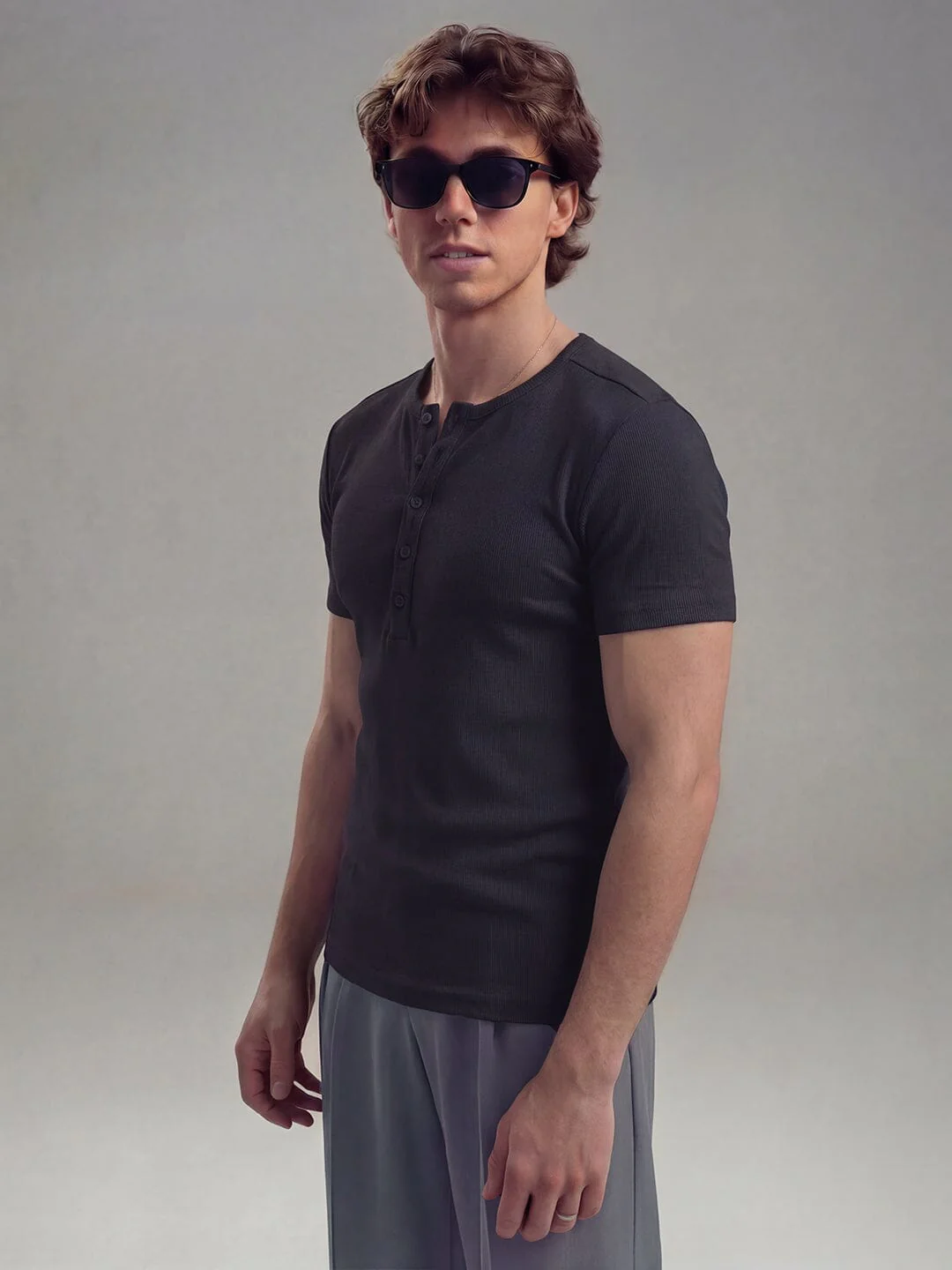 Black Ribbed Henley Short Sleeves Tshirt - Image 4