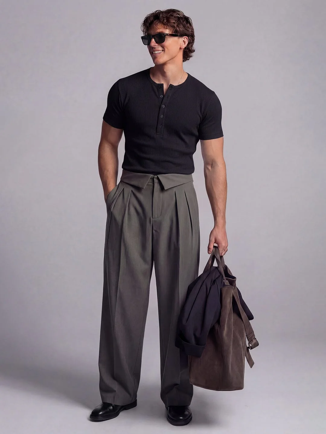 Black Ribbed Henley Short Sleeves Tshirt - Image 5