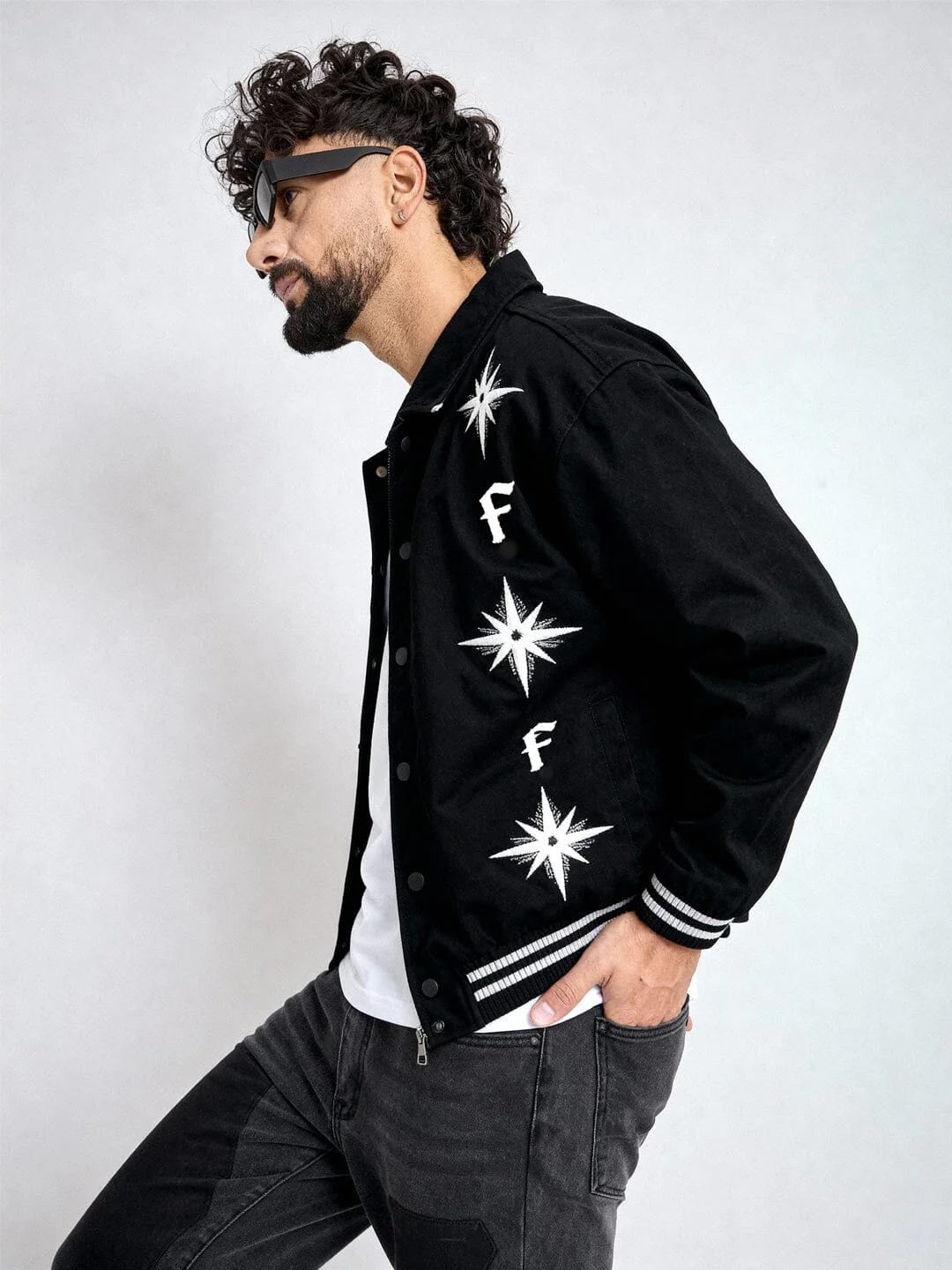 Black Twill Applique Bomber Jacket - Image 5