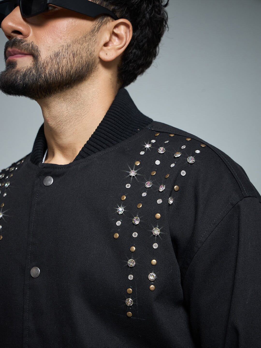 Black Twill Studded Bomber Jacket - Image 3