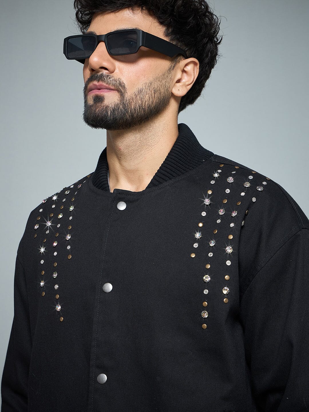 Black Twill Studded Bomber Jacket - Image 5