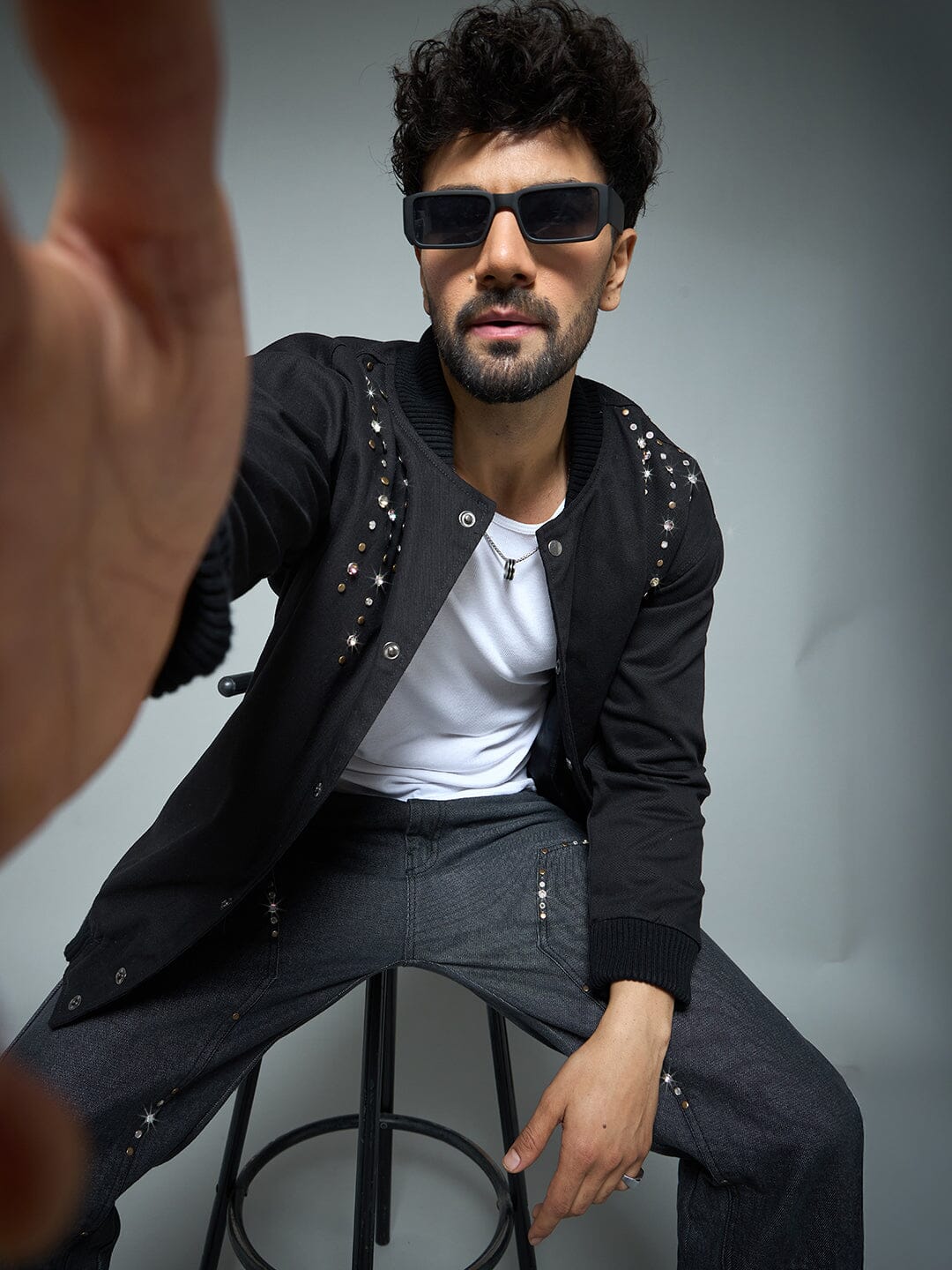 Black Twill Studded Bomber Jacket - Image 6