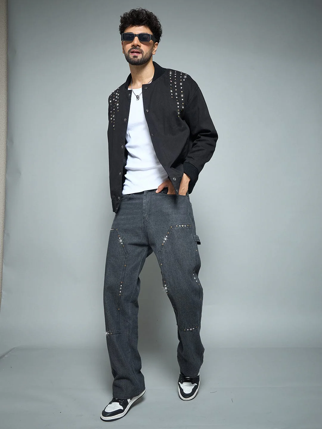 Black Twill Studded Bomber Jacket - Image 7