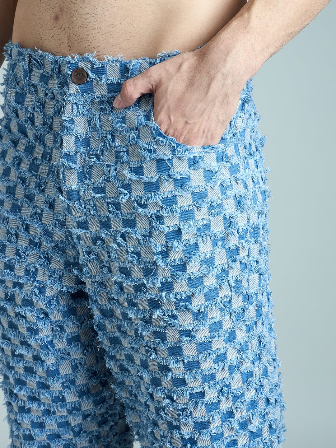 Blue Frayed Jacquard Cropped Denim Jacket & Jeans Clothing Set - Image 3