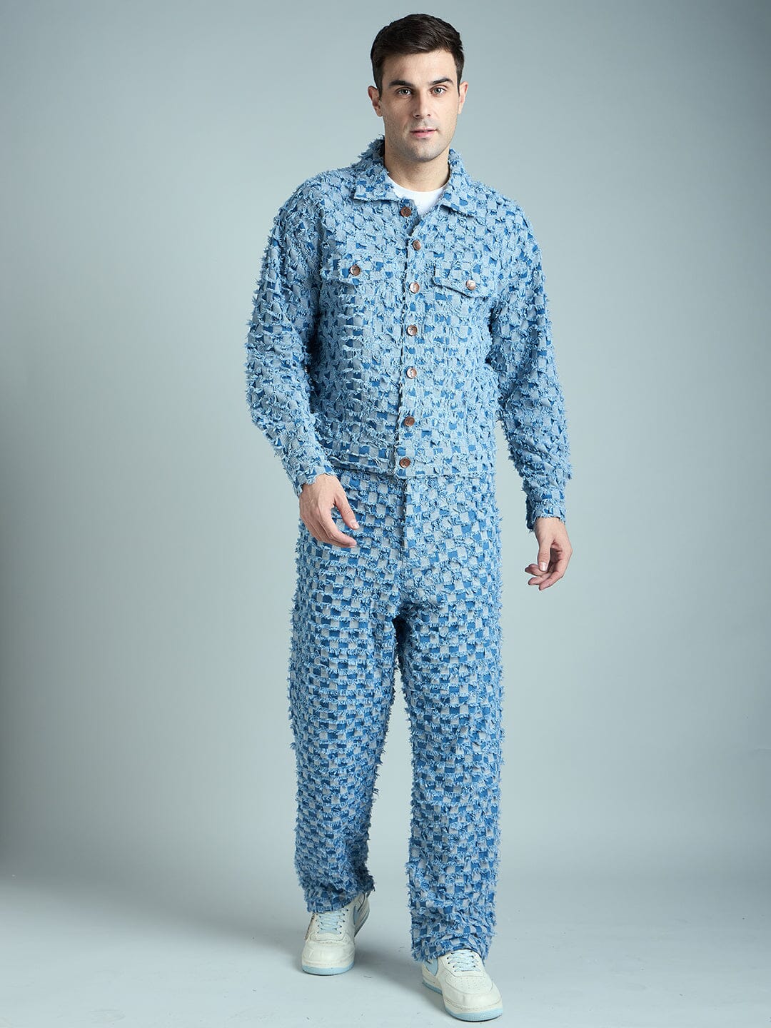 Blue Frayed Jacquard Cropped Denim Jacket & Jeans Clothing Set - Image 4