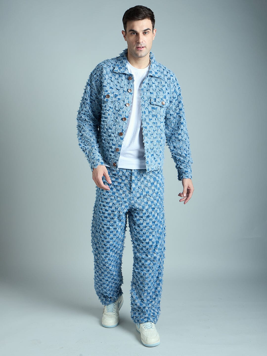 Blue Frayed Jacquard Cropped Denim Jacket & Jeans Clothing Set - Image 6