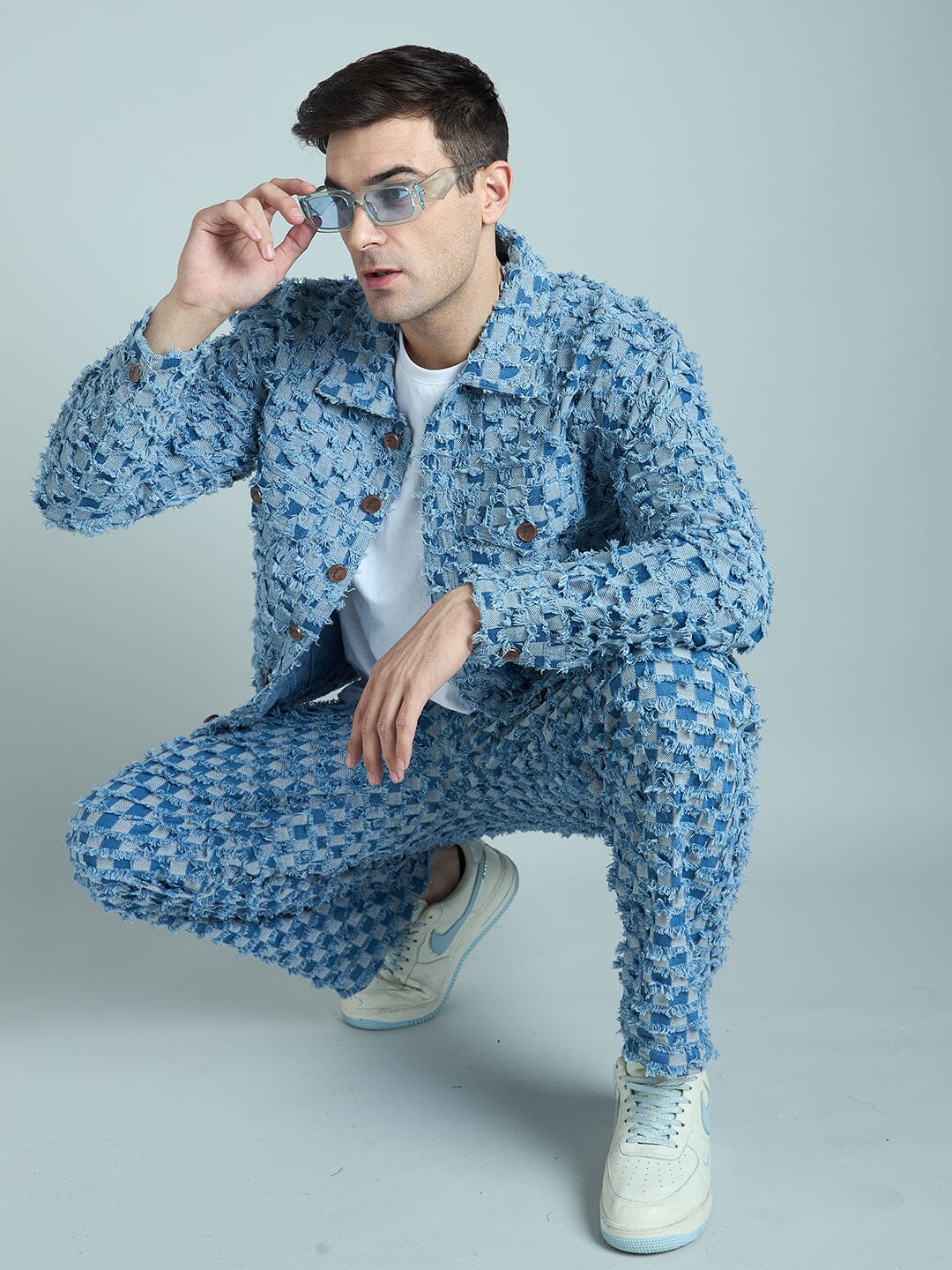 Blue Frayed Jacquard Cropped Denim Jacket & Jeans Clothing Set - Image 8