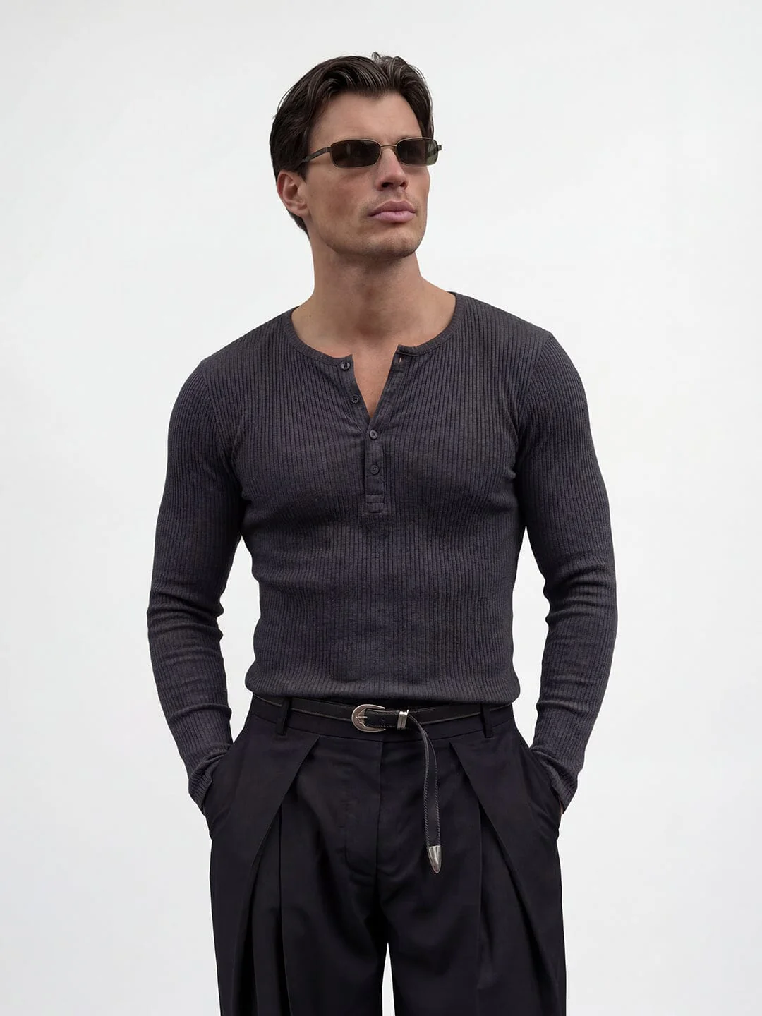 Charcoal Ribbed Henley Longsleeves Tshirt - Image 3