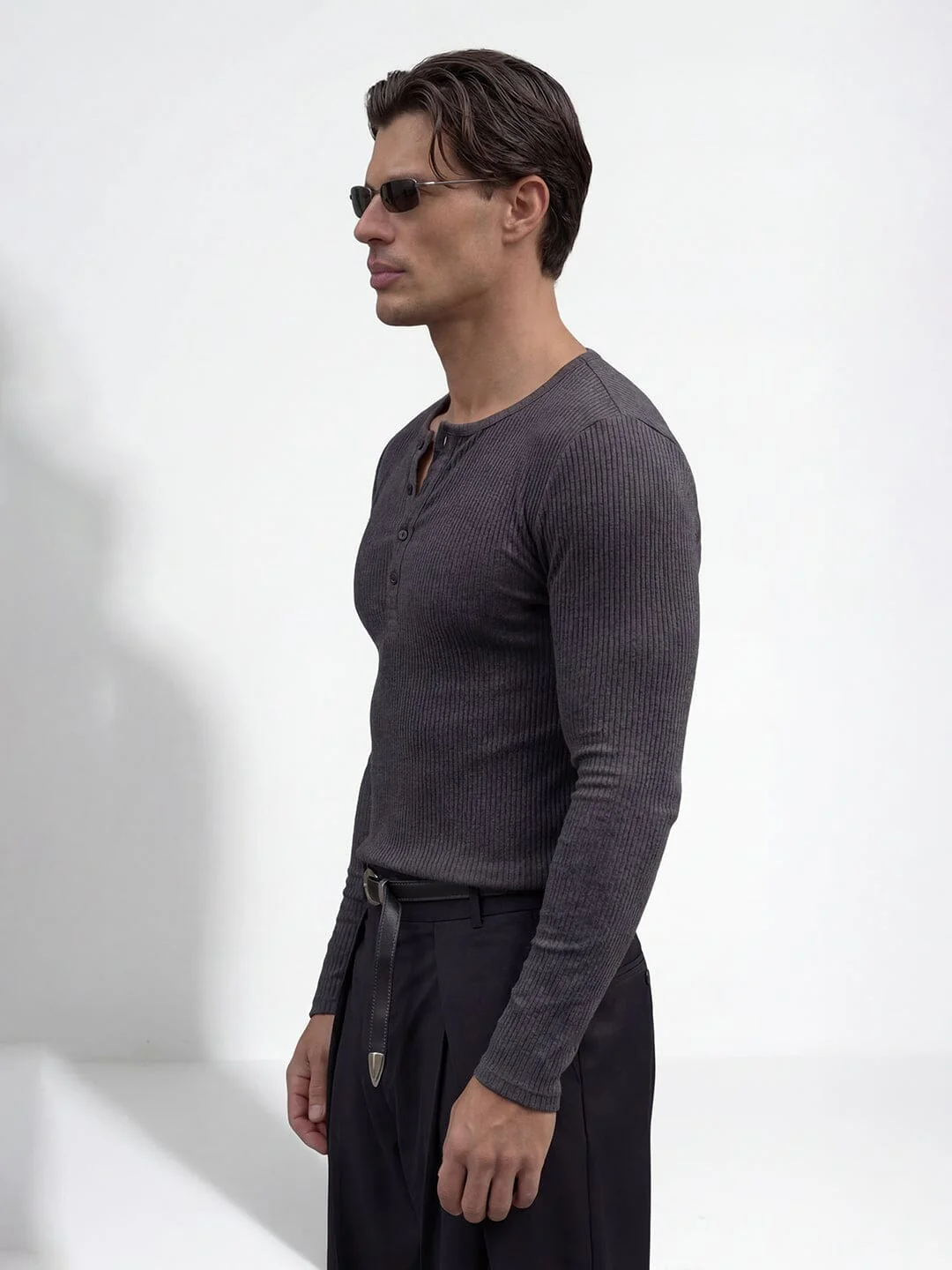 Charcoal Ribbed Henley Longsleeves Tshirt - Image 4