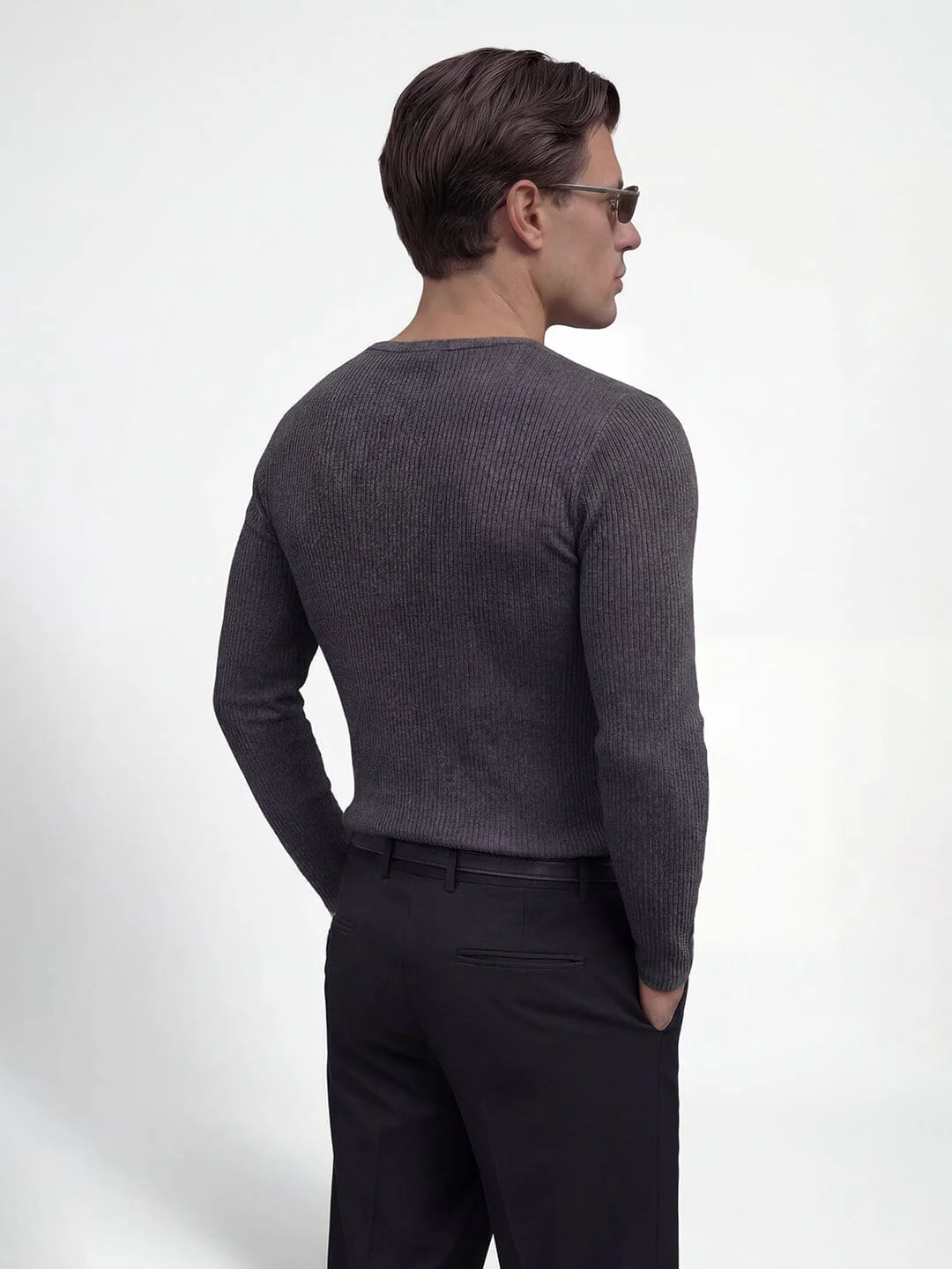 Charcoal Ribbed Henley Longsleeves Tshirt - Image 6