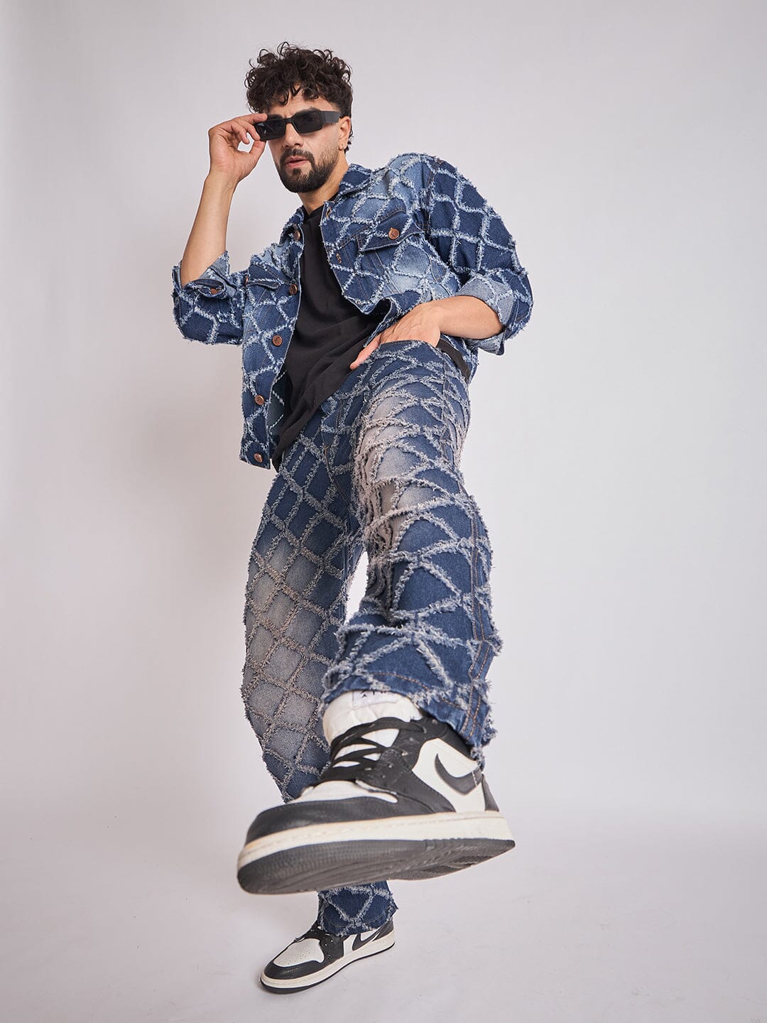 Dark Washed Damaged Patterned Denim Jacket & Jeans Clothing Set - Image 4