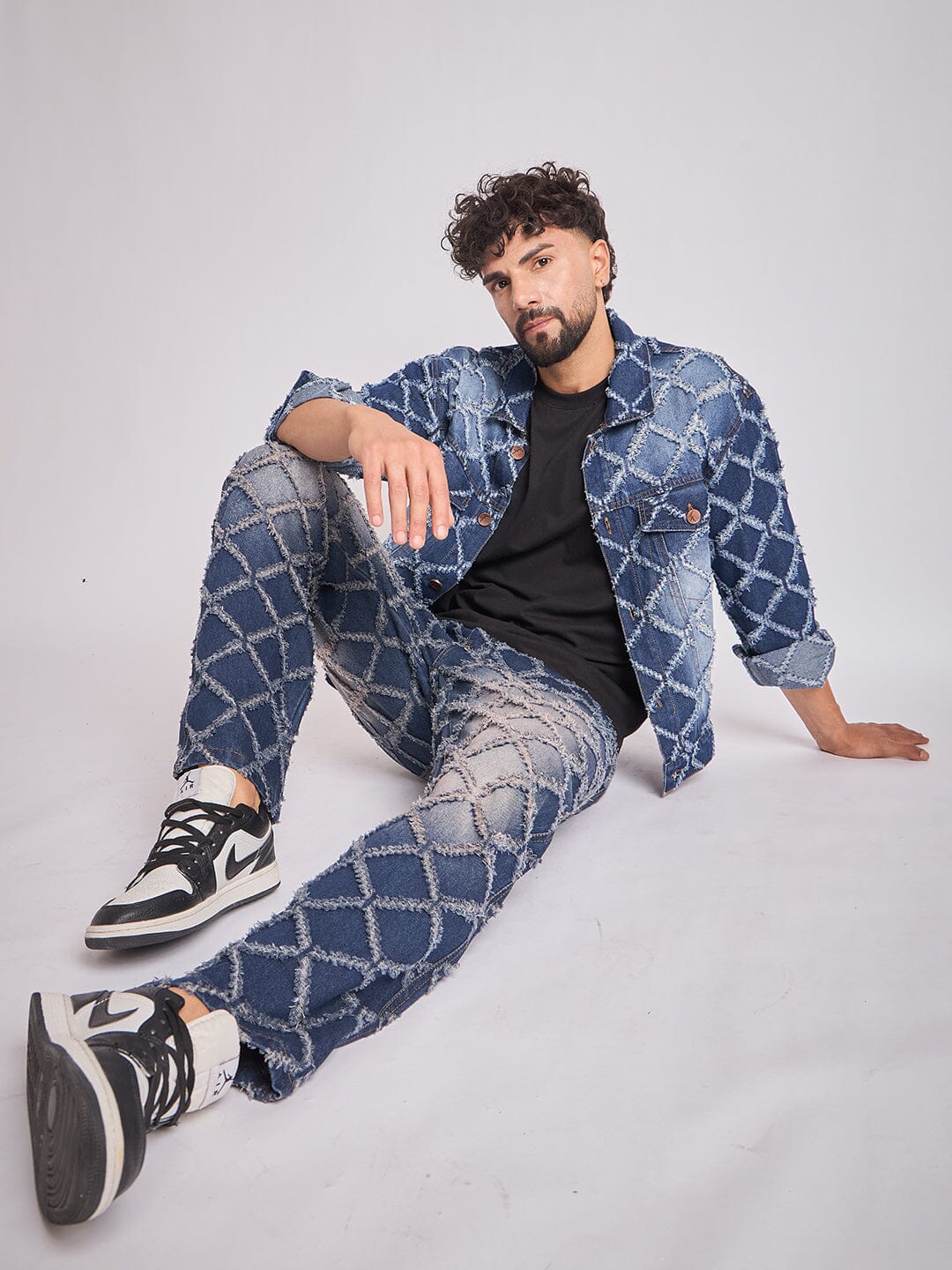 Dark Washed Damaged Patterned Denim Jacket & Jeans Clothing Set - Image 5