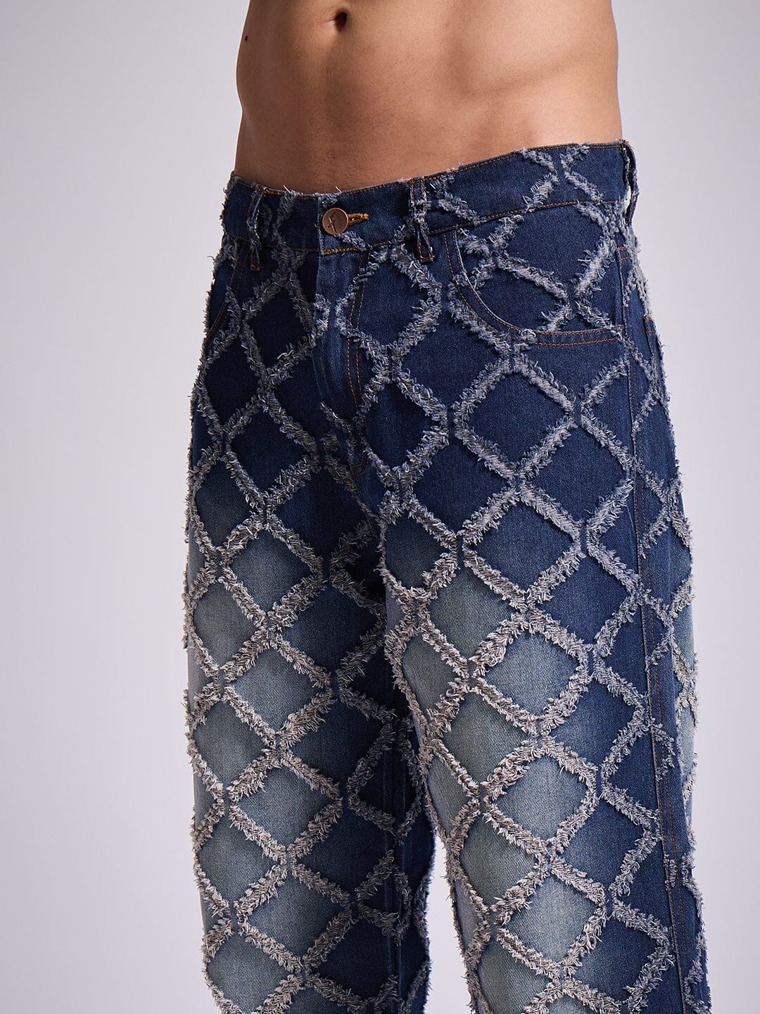 Dark Washed Distressed Patterned Straight Fit Denim - Image 3