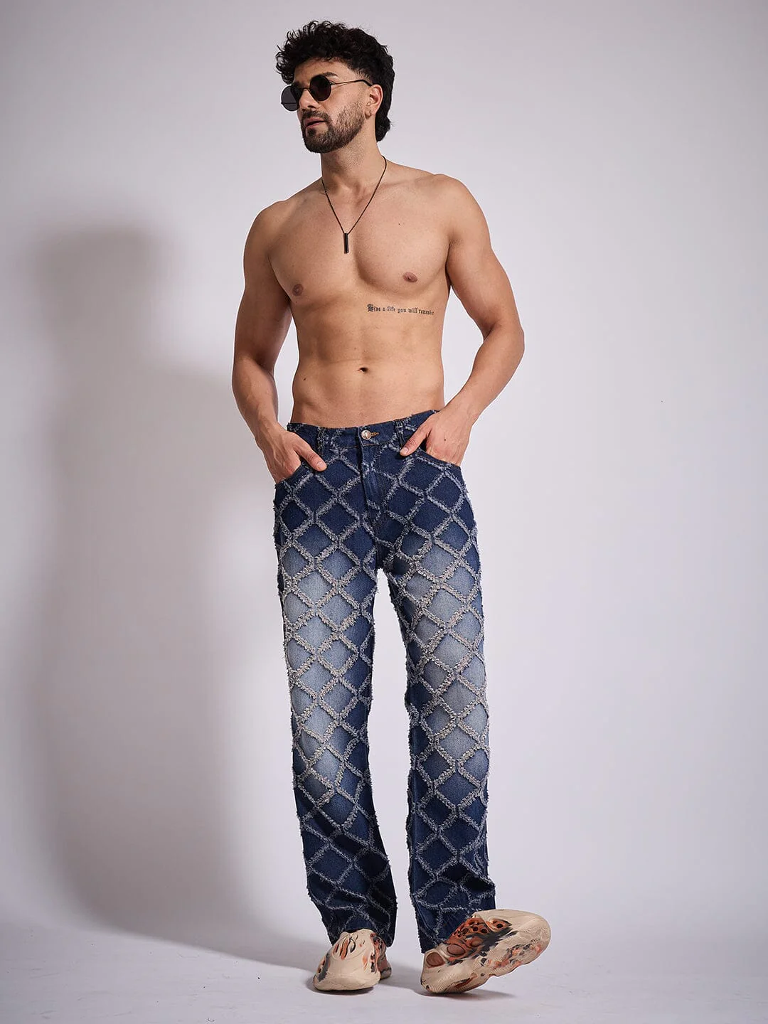 Dark Washed Distressed Patterned Straight Fit Denim - Image 5