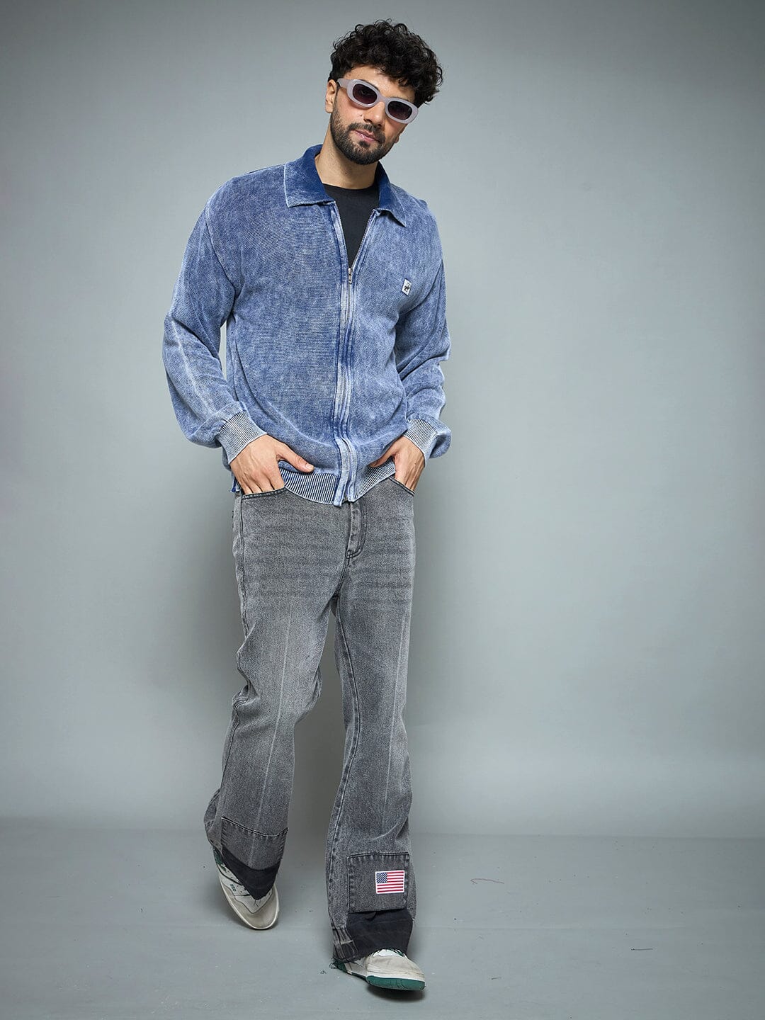 Denim Washed Overdyed Zipped Sweater - Image 3