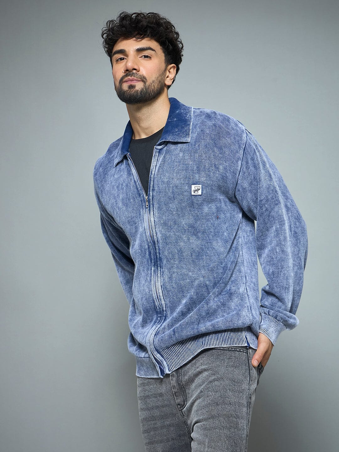 Denim Washed Overdyed Zipped Sweater - Image 5