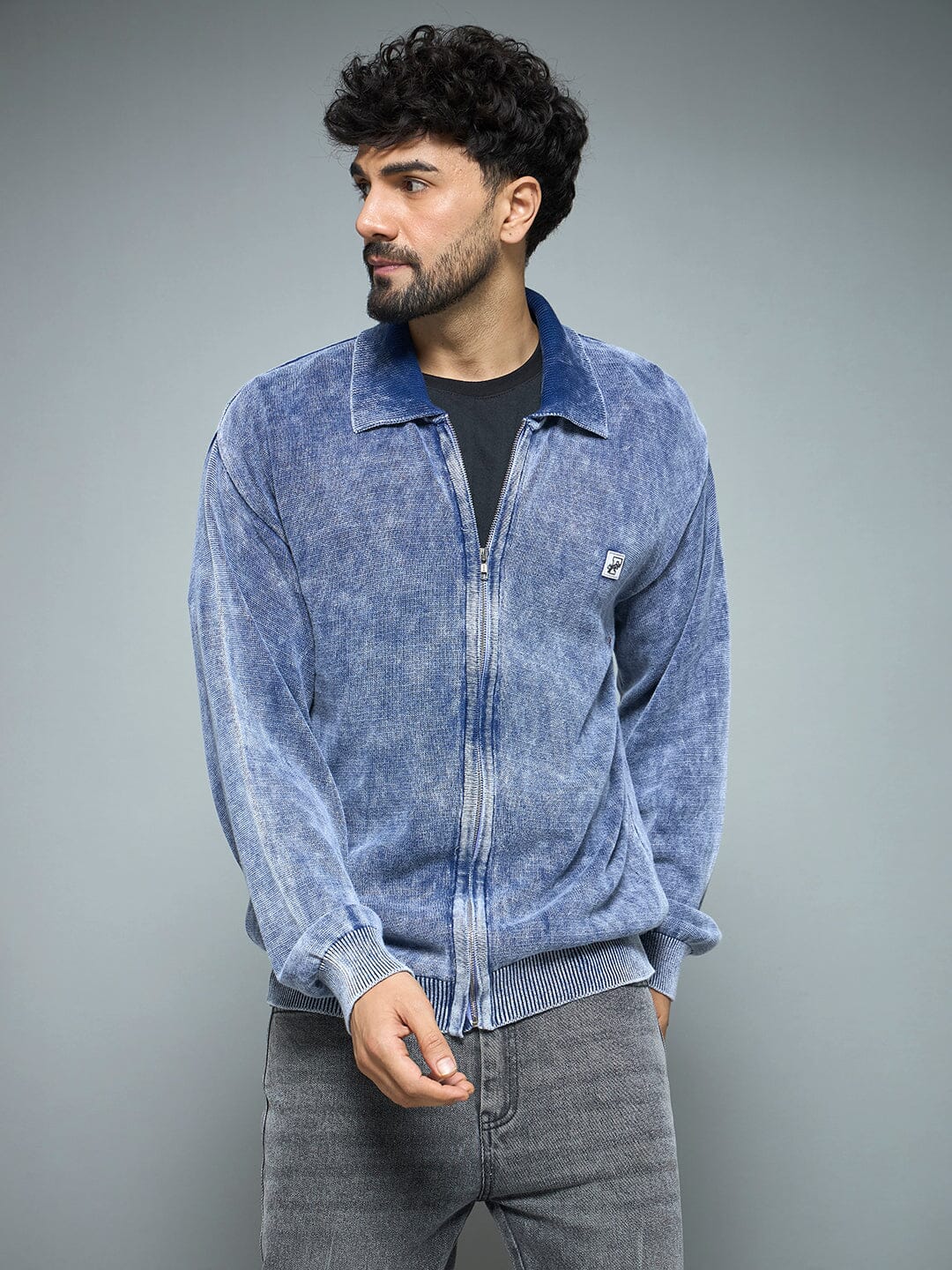 Denim Washed Overdyed Zipped Sweater - Image 7