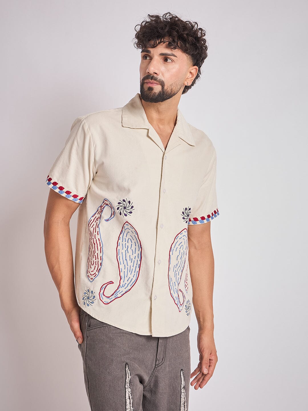 Ecru Paisley Embroidery Cuban Shirt - Image 3