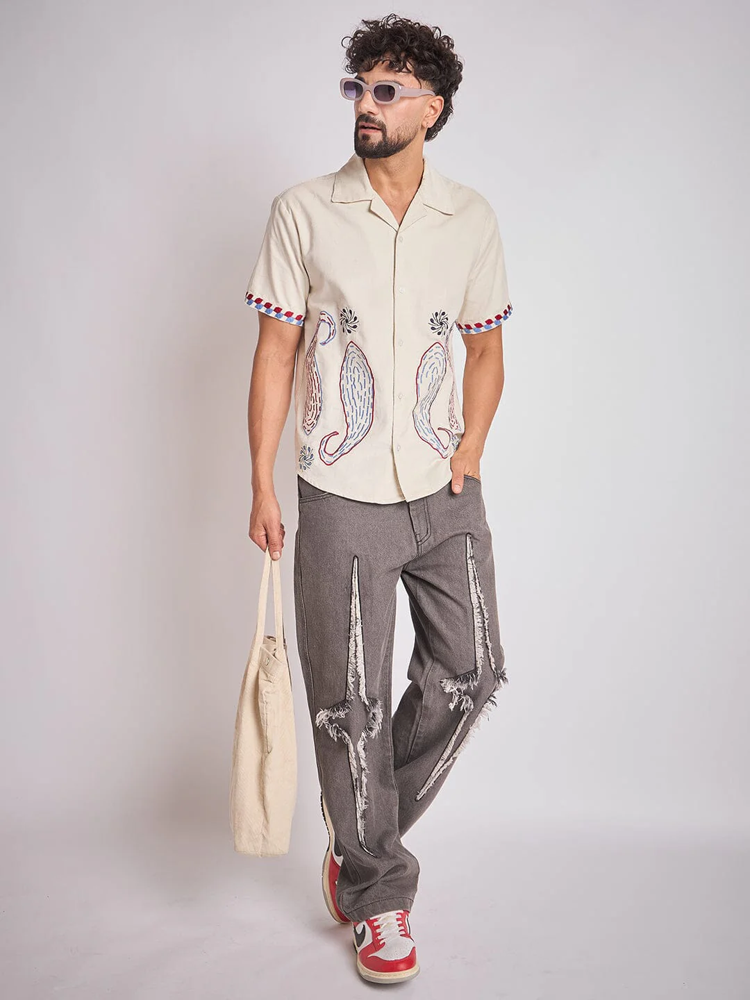 Ecru Paisley Embroidery Cuban Shirt - Image 6