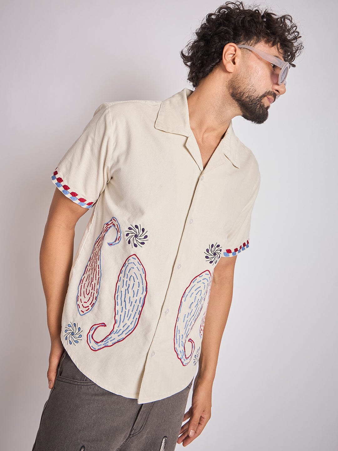 Ecru Paisley Embroidery Cuban Shirt - Image 7