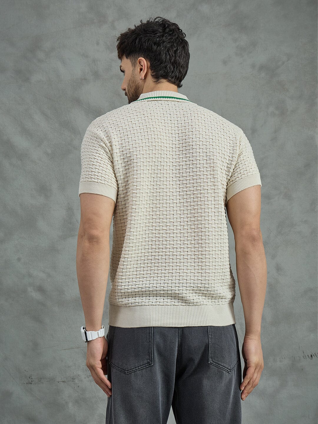 Ecru Textured Knitted Polo Tshirt - Image 3