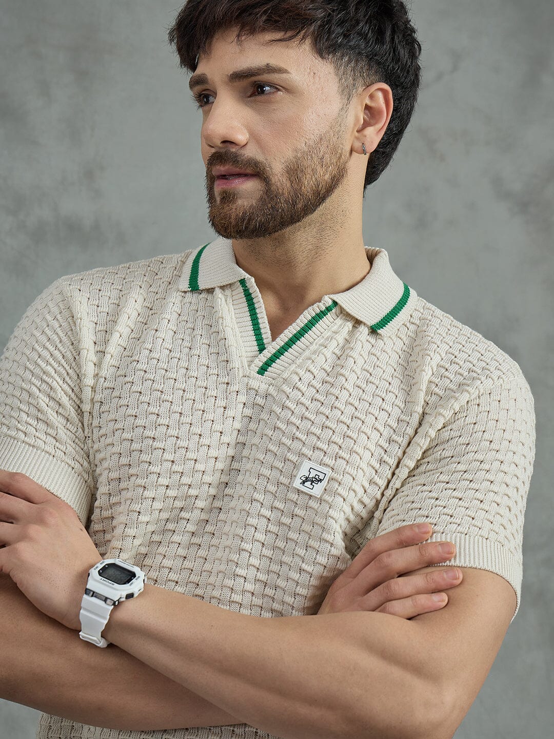 Ecru Textured Knitted Polo Tshirt - Image 4