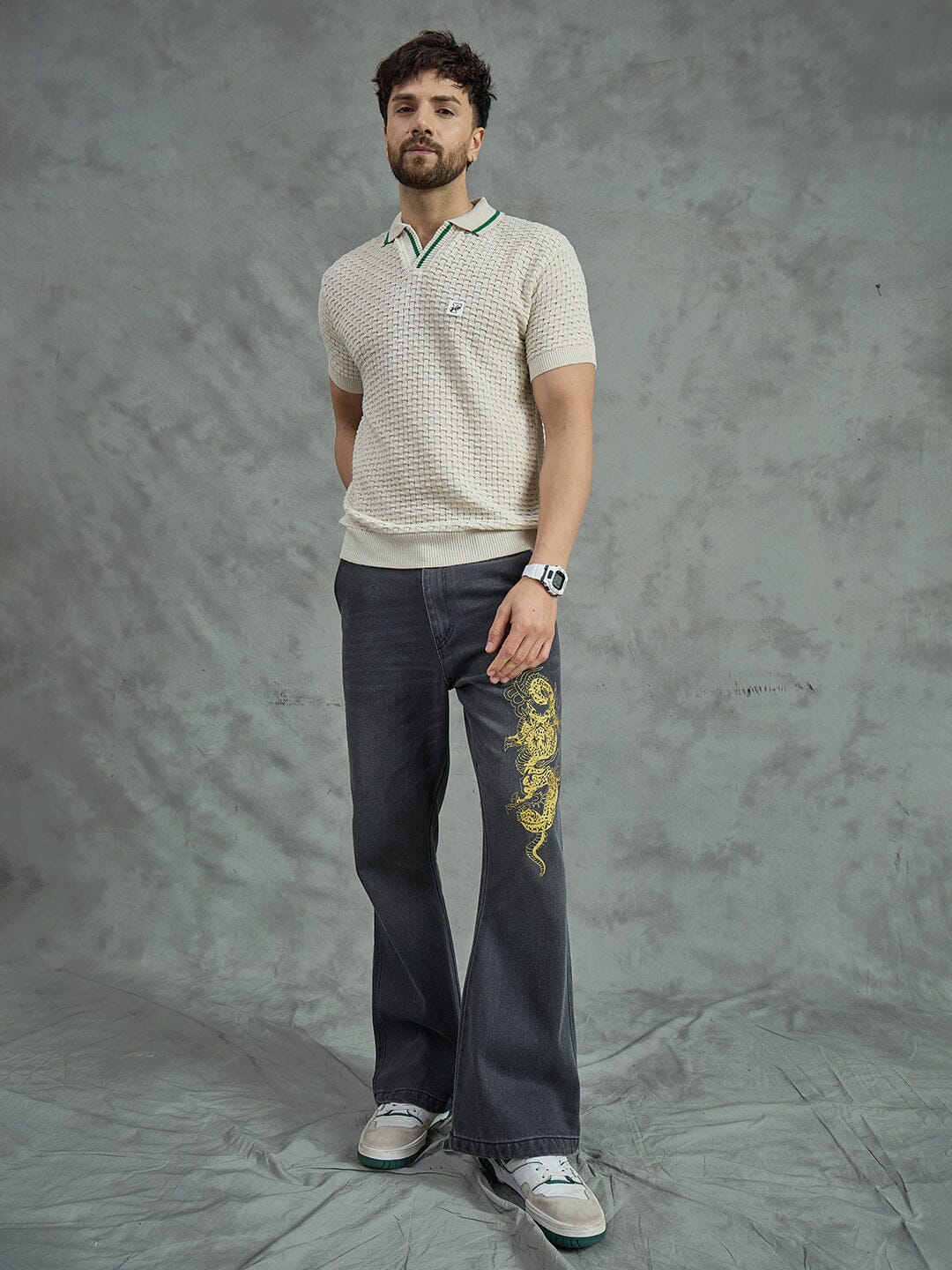 Ecru Textured Knitted Polo Tshirt - Image 5