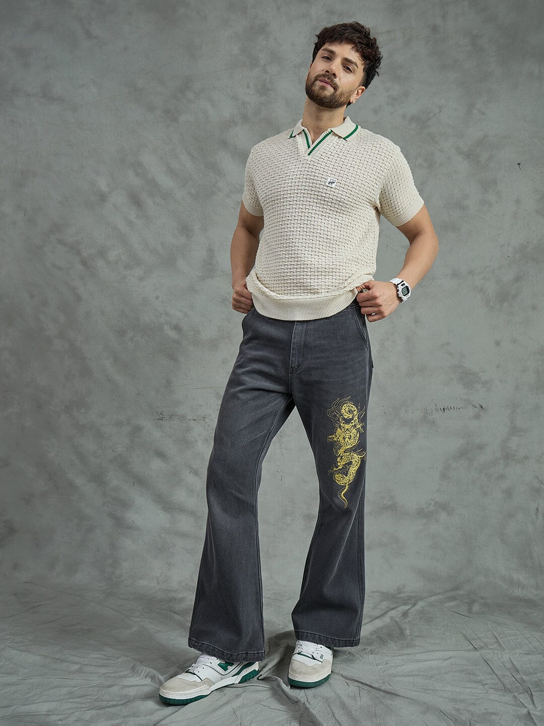 Ecru Textured Knitted Polo Tshirt - Image 6