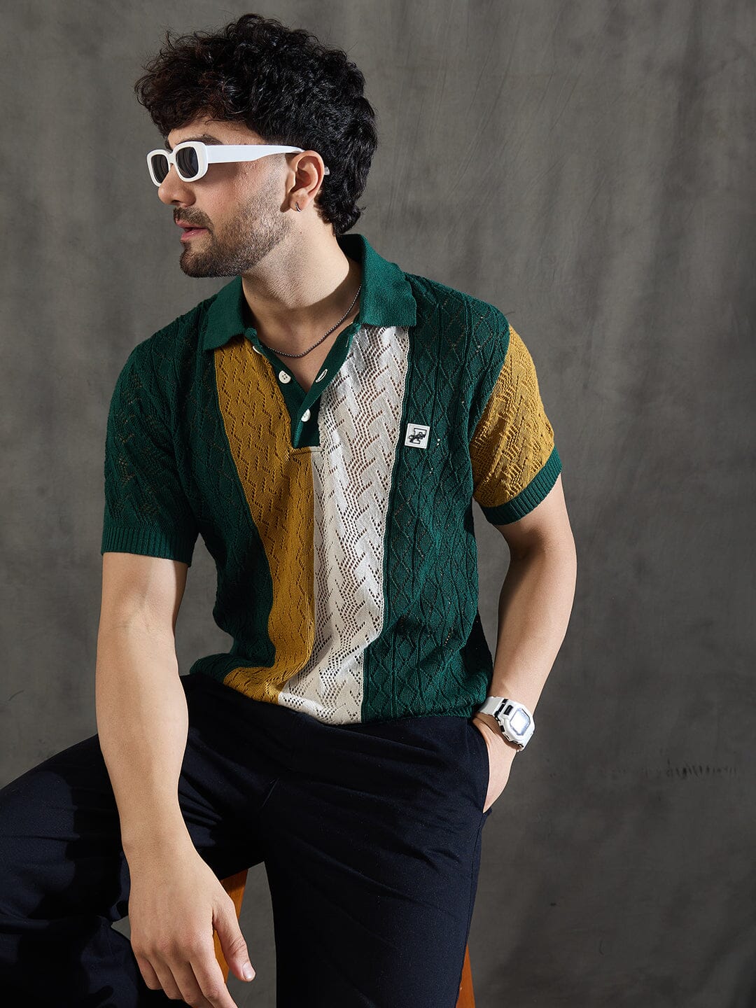 Green Striped Knitted Crotchet Polo Tshirt - Image 3