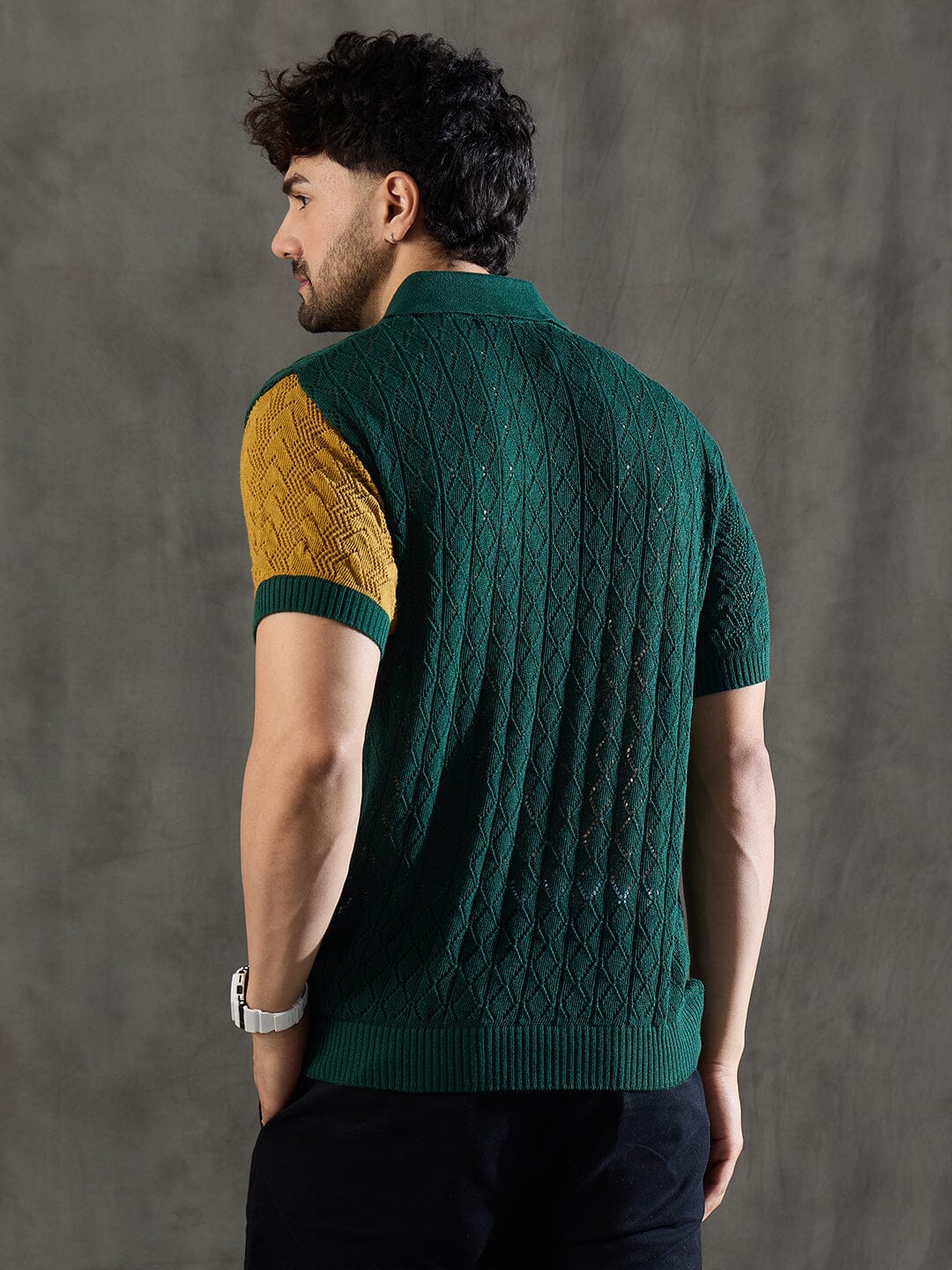 Green Striped Knitted Crotchet Polo Tshirt - Image 4
