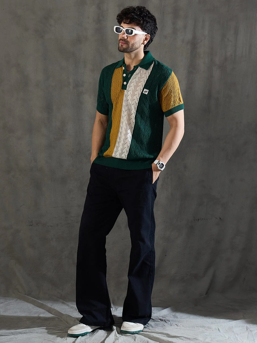 Green Striped Knitted Crotchet Polo Tshirt - Image 5