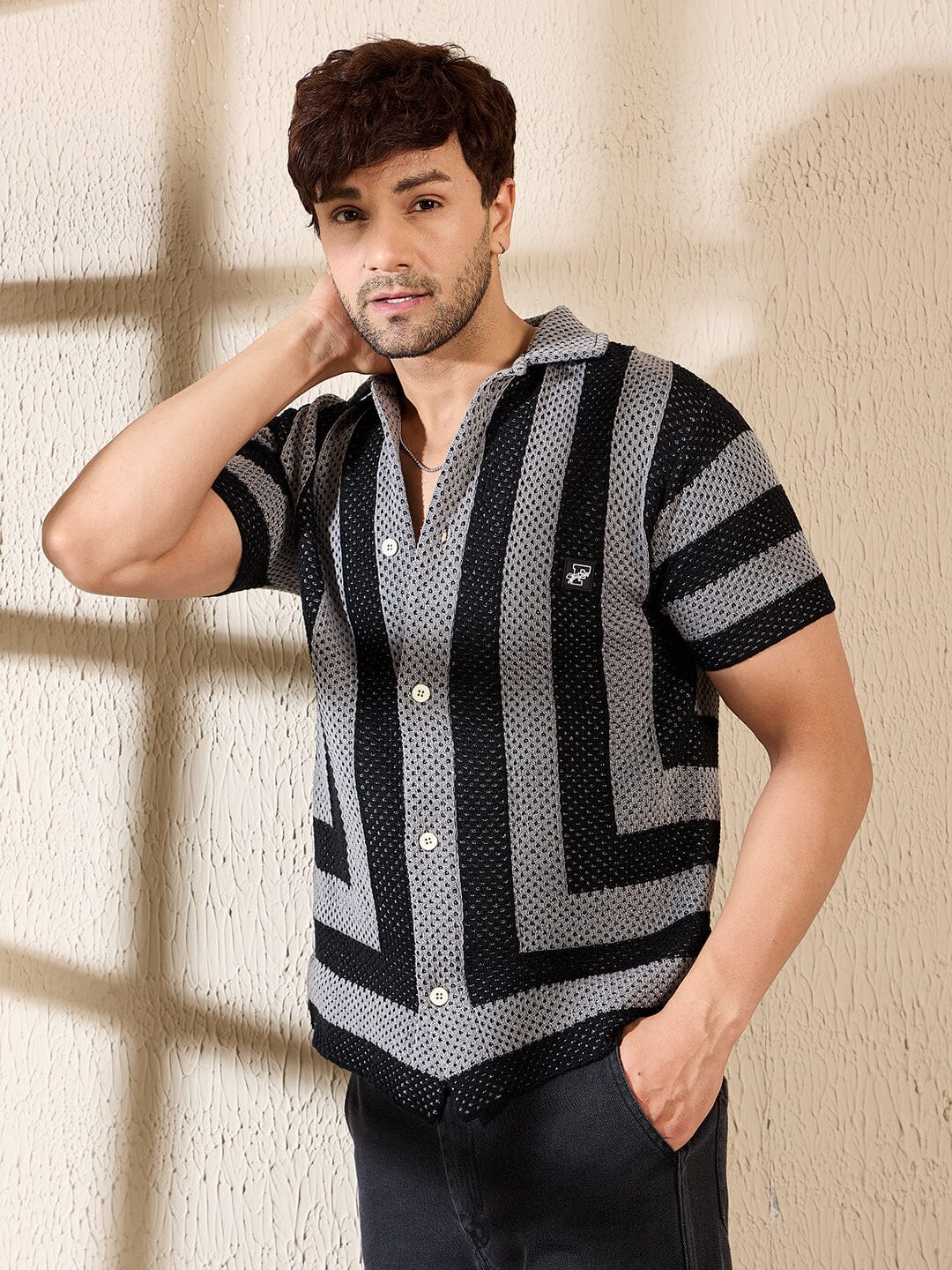 Grey & Black Striped Crotchet Knitted Shirt - Image 3