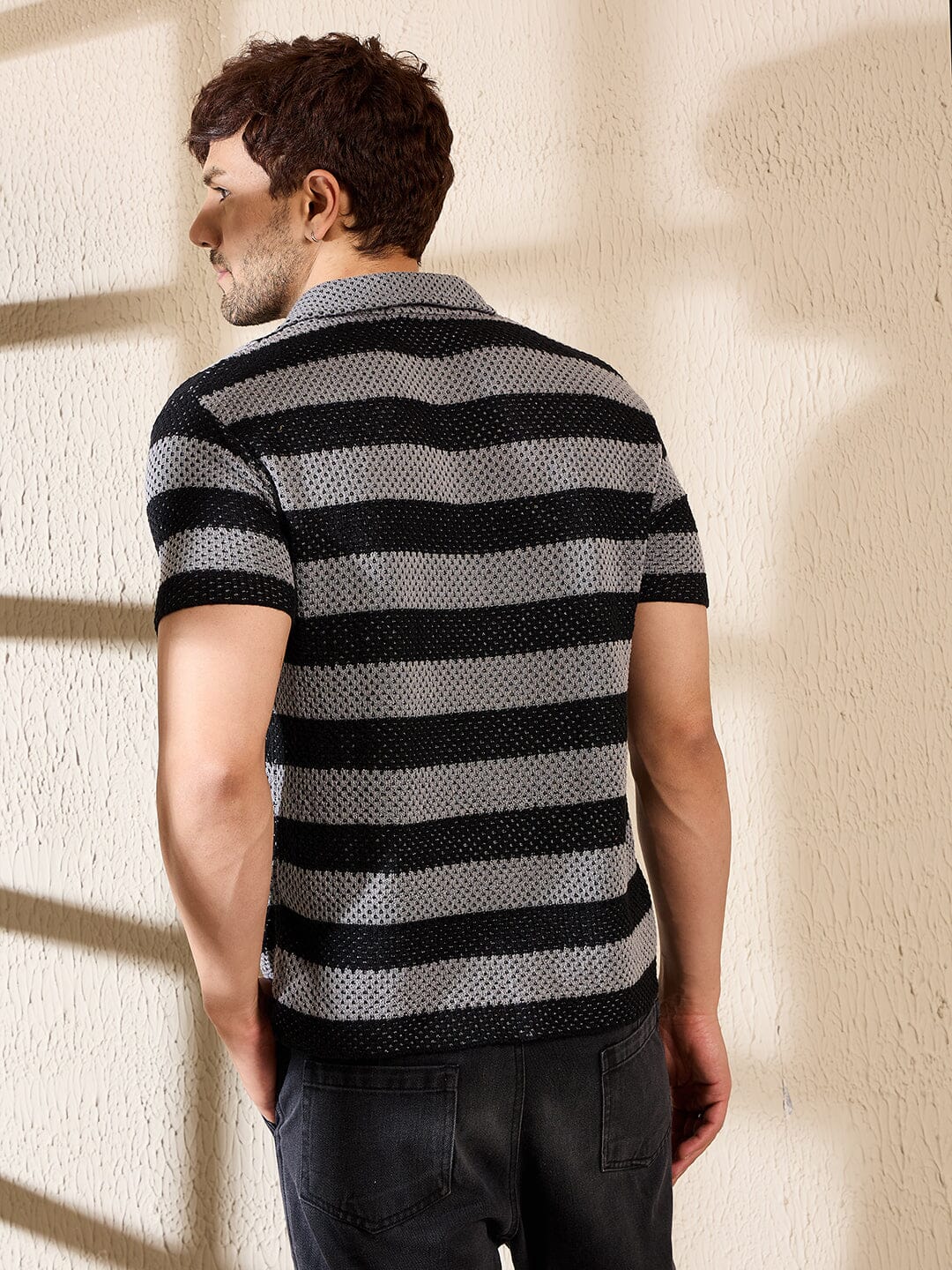 Grey & Black Striped Crotchet Knitted Shirt - Image 4