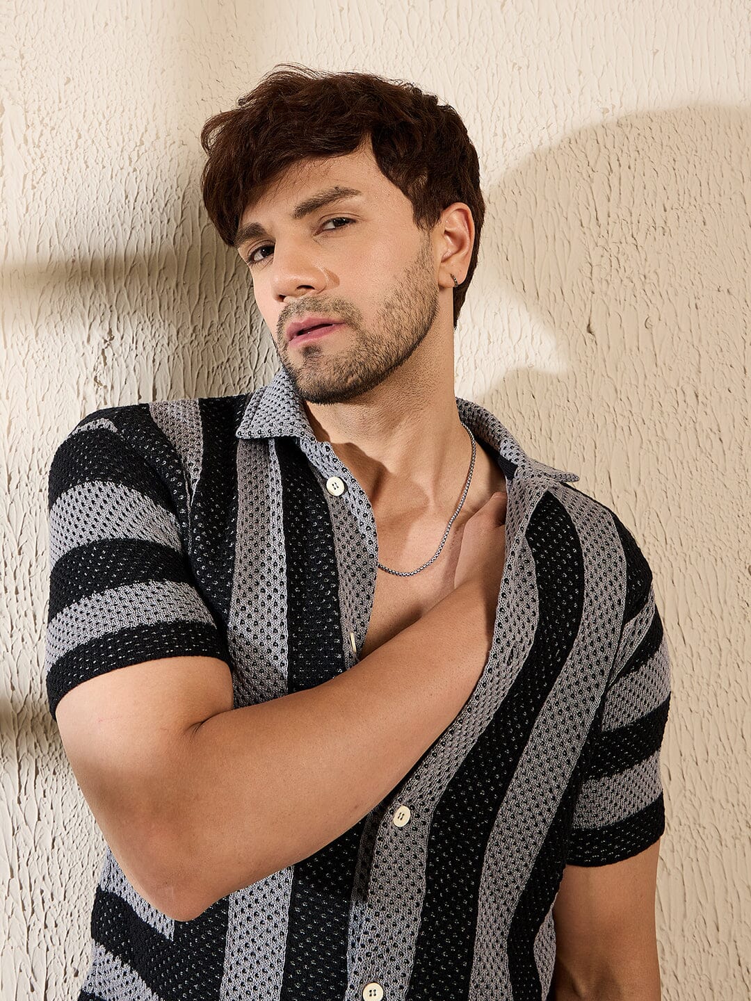 Grey & Black Striped Crotchet Knitted Shirt - Image 5