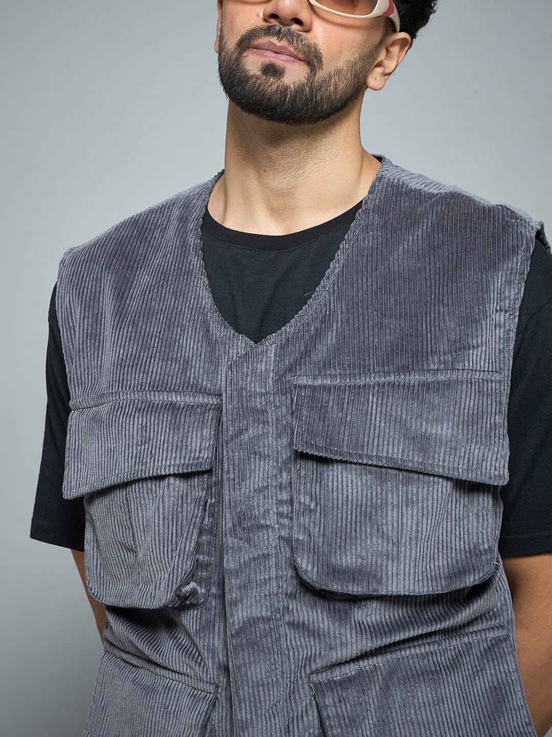 Grey Corduroy Sleeveless Gilet - Image 3