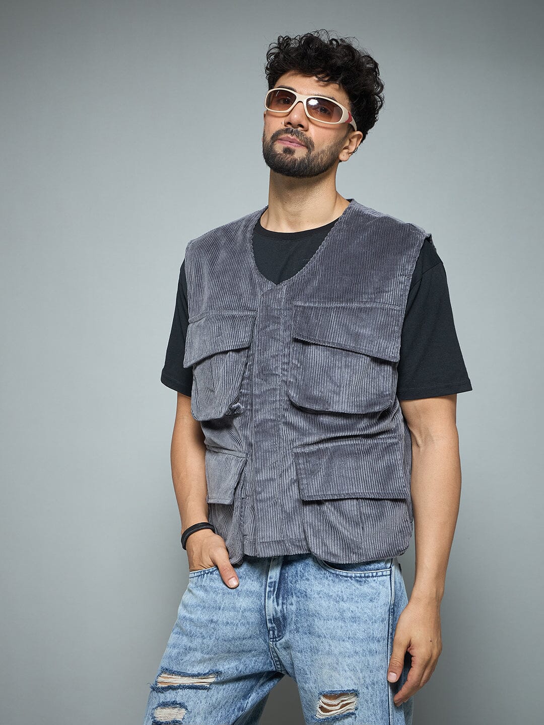 Grey Corduroy Sleeveless Gilet - Image 6