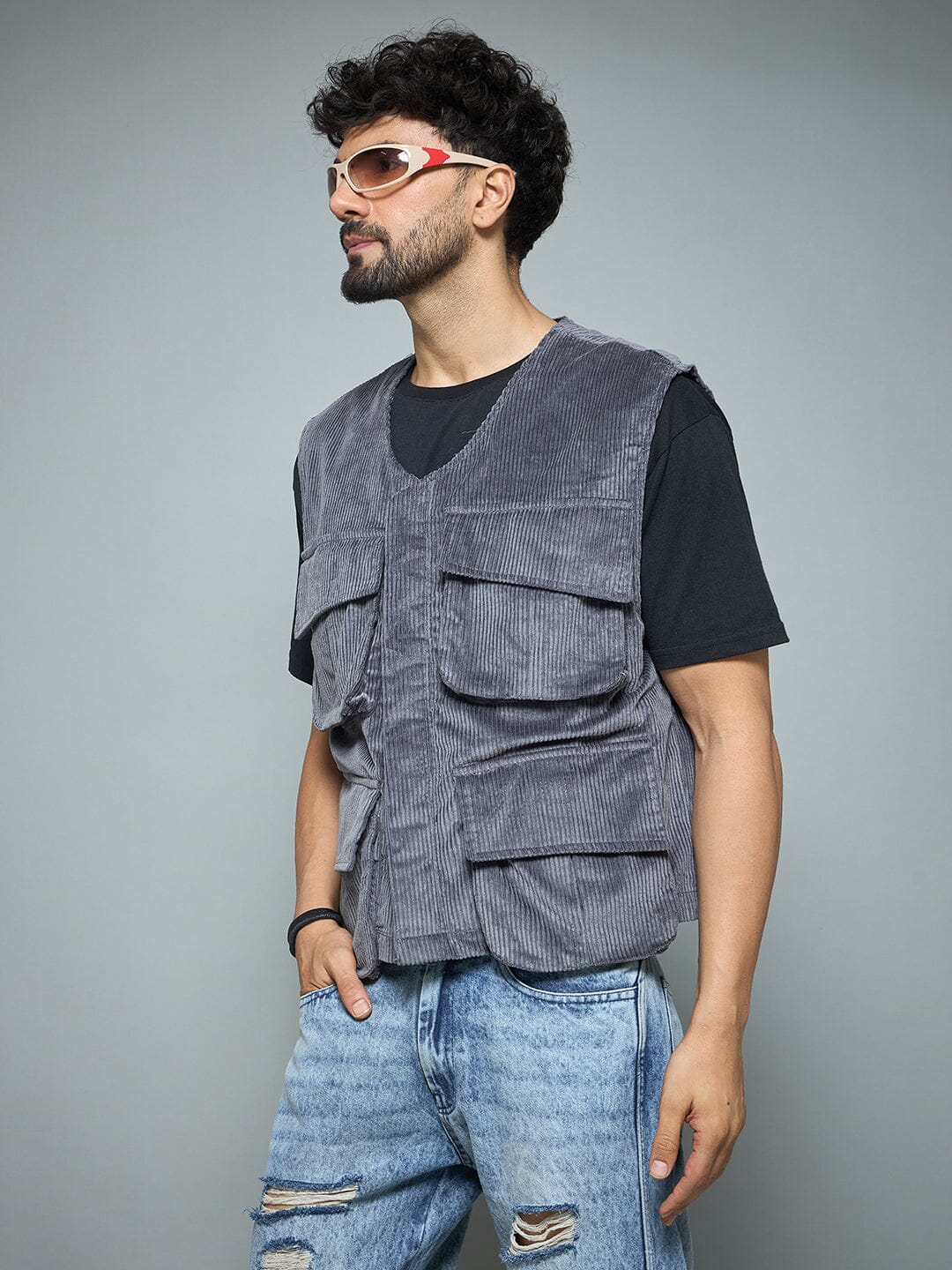 Grey Corduroy Sleeveless Gilet - Image 7